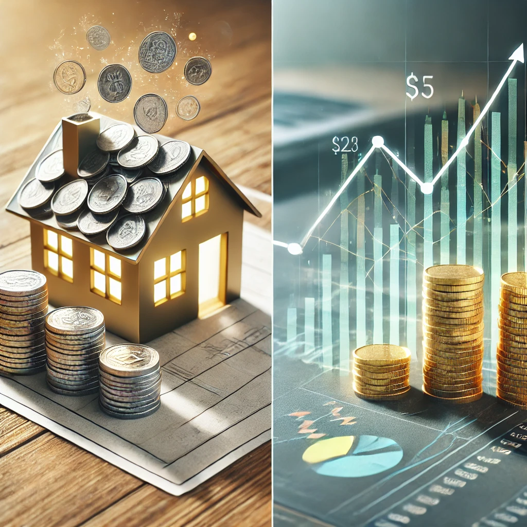 Illustration showing the concept of choosing between mortgage overpayment and investing, with a house and coins on one side symbolising mortgage repayment, and a stock market chart with coins on the other representing investment opportunities.